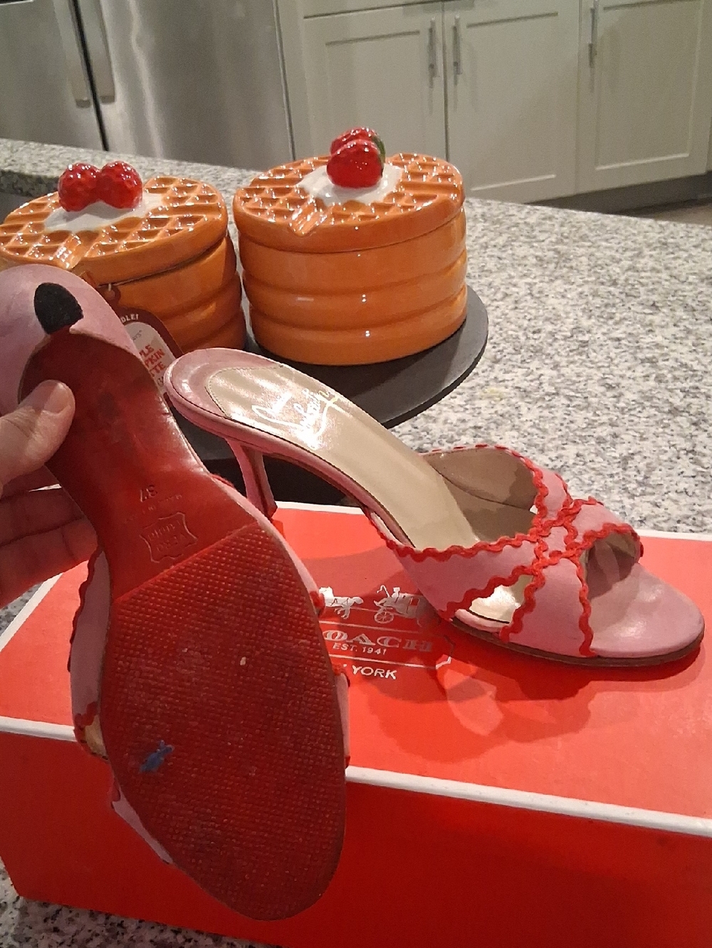 No Brand- Pink Slide Mules with Red Trim